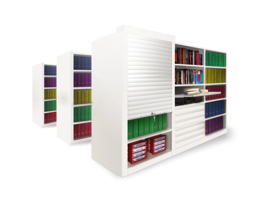 Stationary metal shelving unit