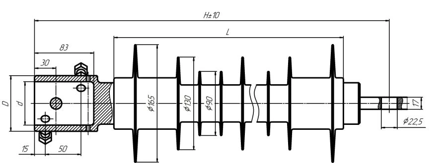 Cantilever rod insulator with ribbed shell made of organosilicon rubber KSPKr 160-25/1,5-D-T1