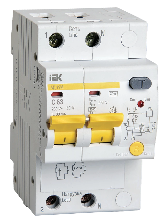 Differential circuit breaker AD12M 2P C63 30mA IEK