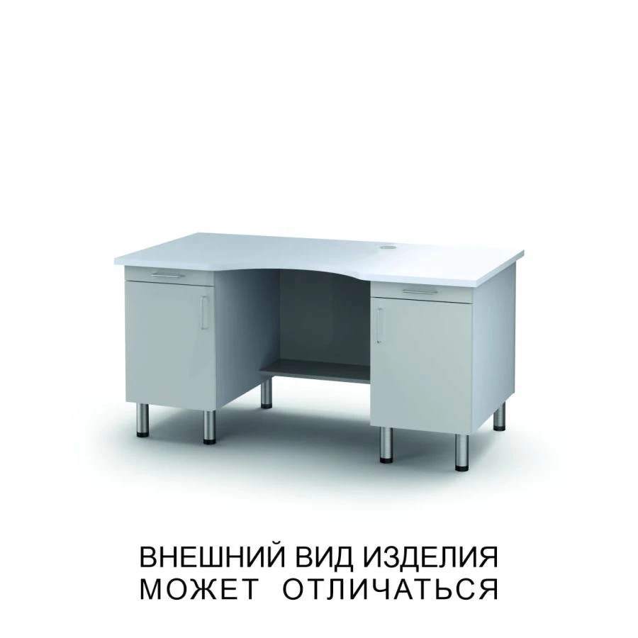 Two-desk microscope table with hinged doors and sliding shelves