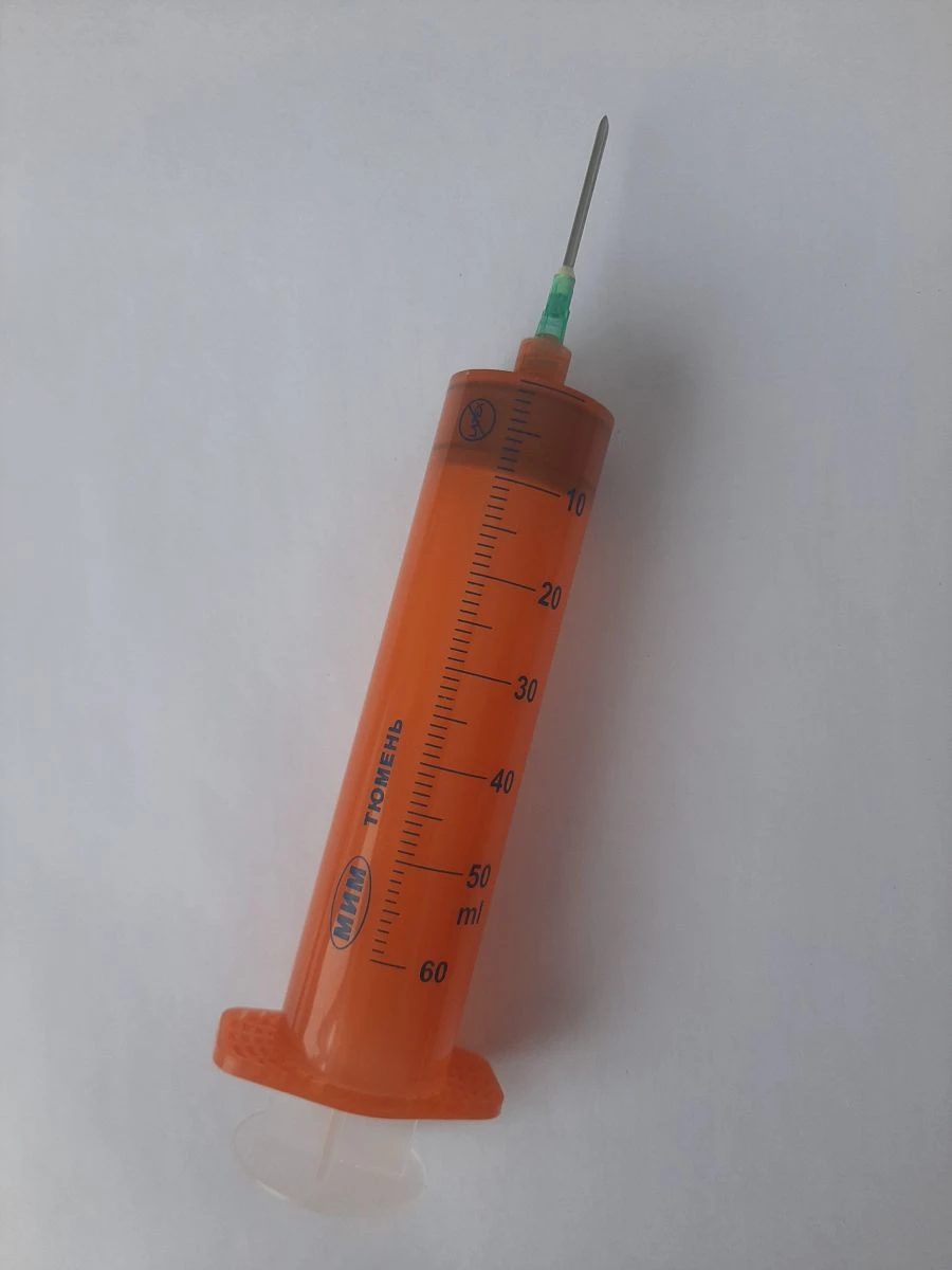 Single-use syringe, three-detailed, sterile, with nominal capacity of 50 ml, for syringe pumps according to TU 9398-020.