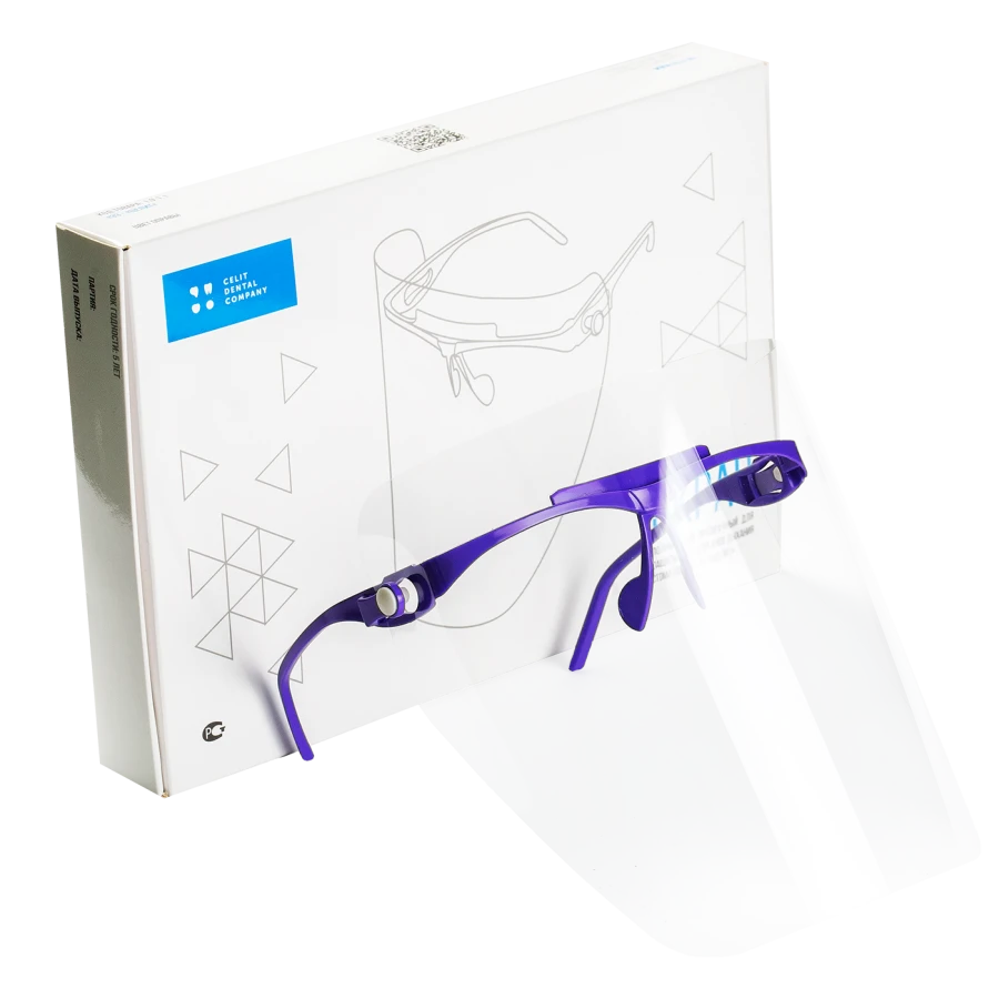 ECRAN "E3-"CELIT" polymer transparent screen for protection of eyes and respiratory organs of a dentist, 1 frame, 5 shields, col