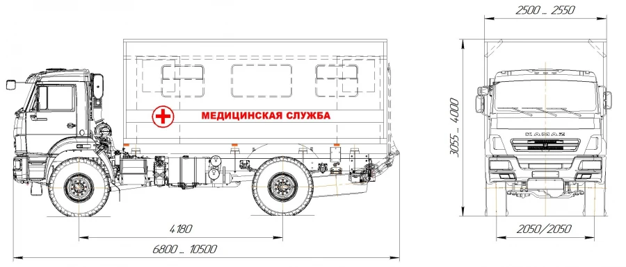 Medical service van on the chassis of vehicles type 57590 modification: 57590Z on the basis of KAMAZ chassis of modification 435