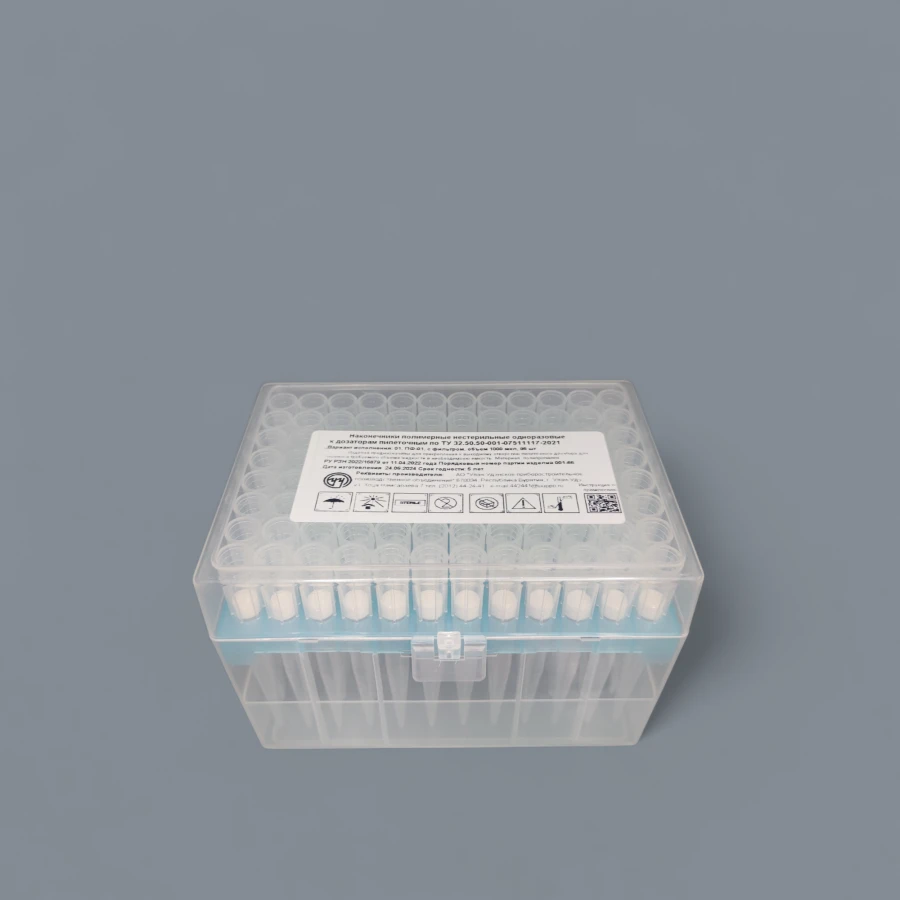 Polymer tip non-sterile disposable to pipette pipettes with a filter 1000 µl. in a rack 96 pcs.