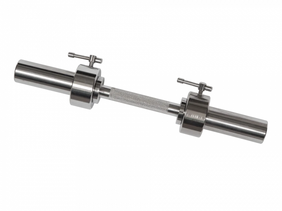 MB-BarM50-710L Dumbbell bar, chrome-plated, length 710 mm, smooth sleeve 50 mm, non-rotating handle, lock with breakable stop.