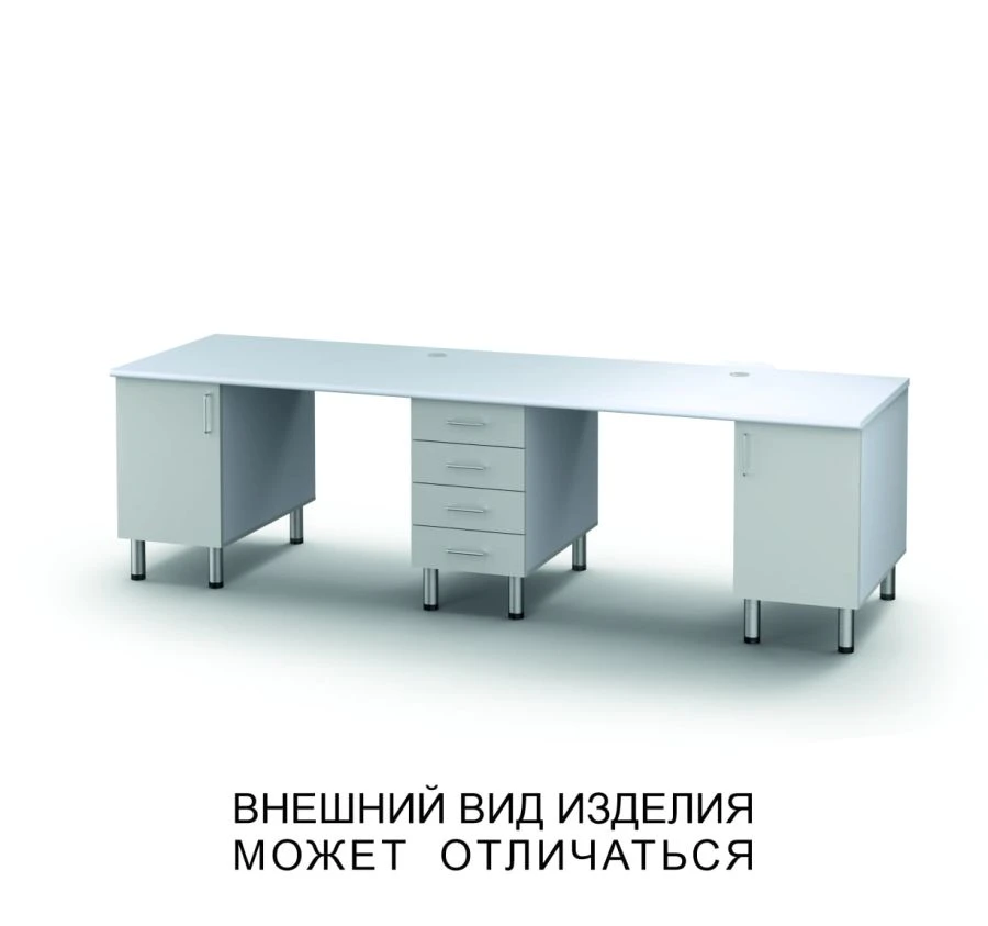 Three-desk unit with swinging doors and four drawers