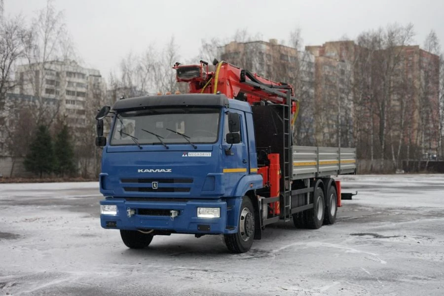 Special purpose vehicle with hydraulic loading crane of MKMA type on the basis of KAMAZ 65117 and its modifications 64K04N-UJ