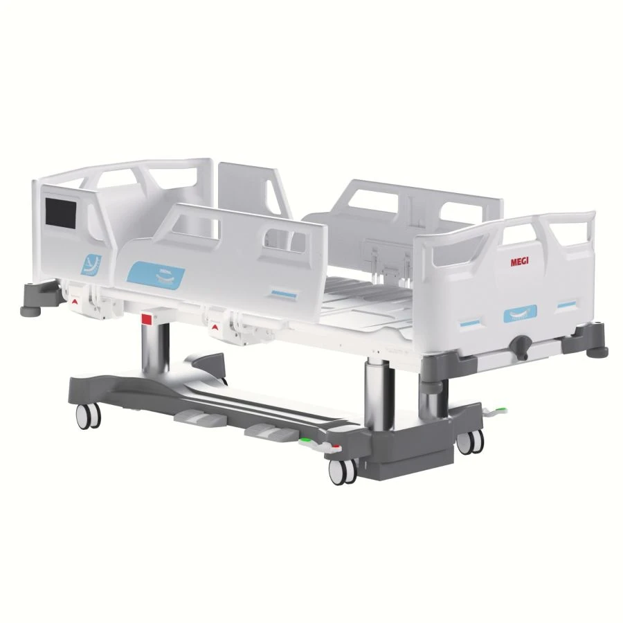 MEGI Evo Functional medical bed with column-type electric height adjustment, plastic backrests, plastic armrests, moulded boards