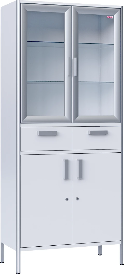 Medical cabinet, two-sectional, double-leaf, made of aluminium profile and laminated wood chipboard, with glass shelves and glas