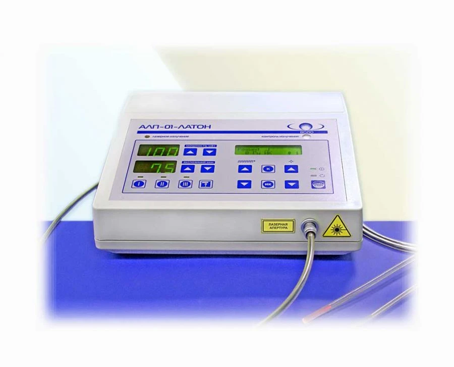 Semiconductor K- and IR laser therapy apparatus with fibre-optic light guides for percutaneous and intracavitary treatment.
