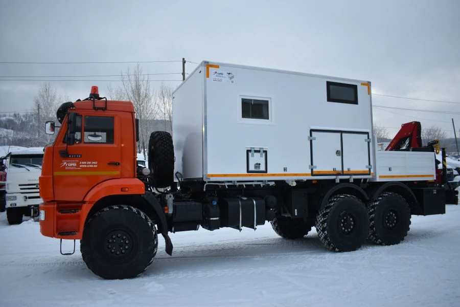 Special van with CMU produced by INMAN JSC on KAMAZ 43118-A5, 43118-50, 43118-RR, 43118-RS chassis. GIRD brand
