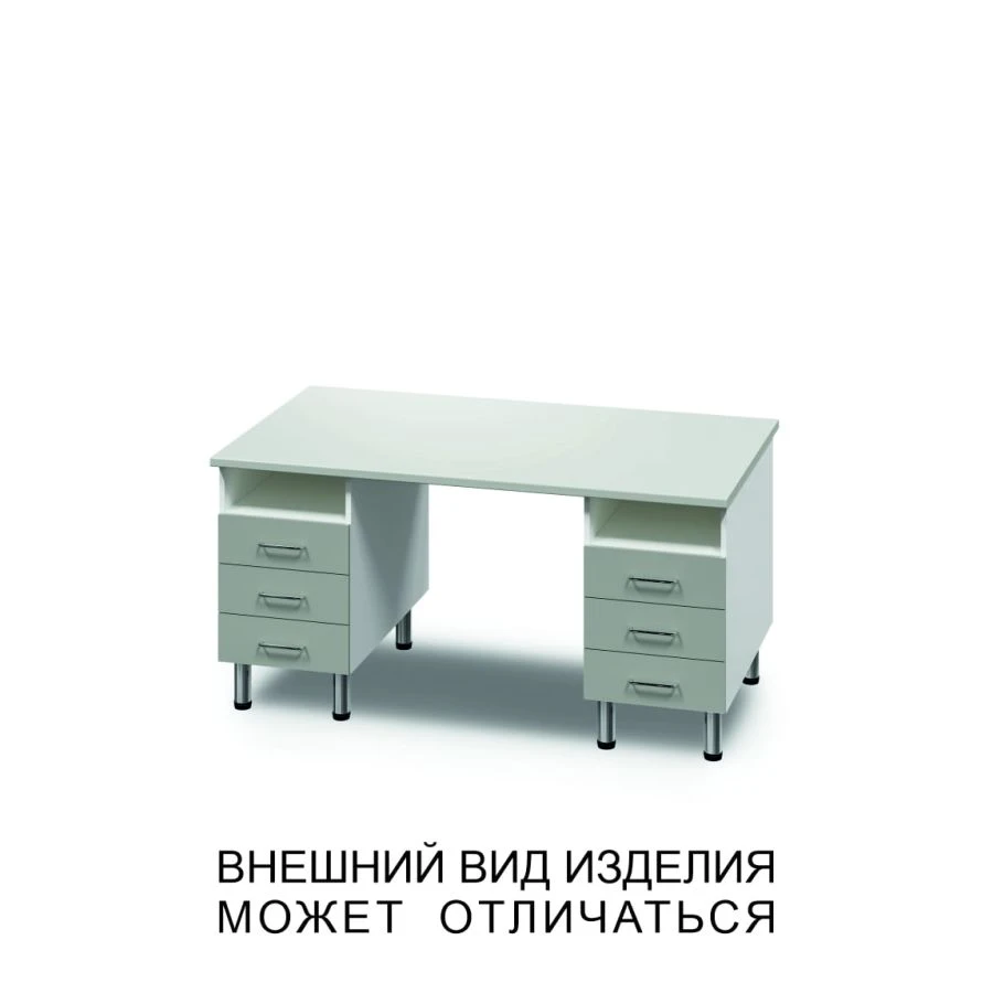 Two-desk bench with drawers and open shelves
