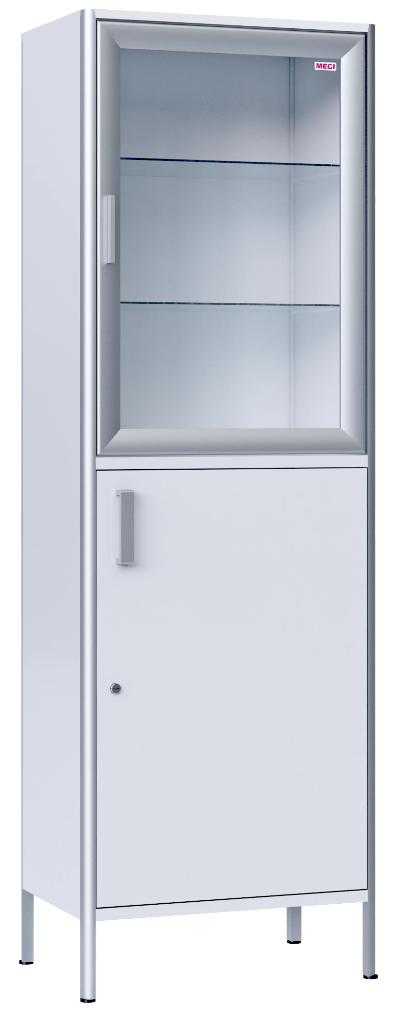 Medical cabinet, two-sectional, single-leaf, made of aluminium profile and laminated plastic board, with glass shelves