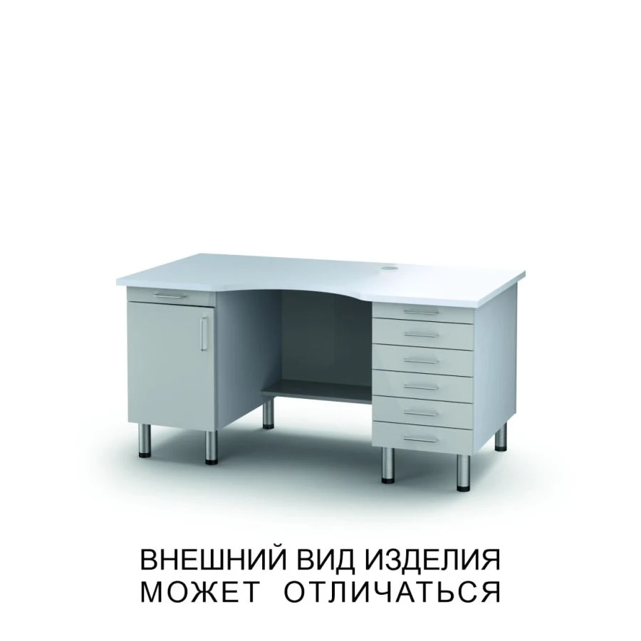Two-desk microscope table with hinged door, drawers and pull-out shelves