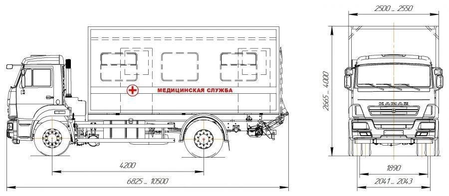 Medical service van on the chassis of vehicles type 57510 modification: 57580Z on the basis of KAMAZ chassis of modification 432