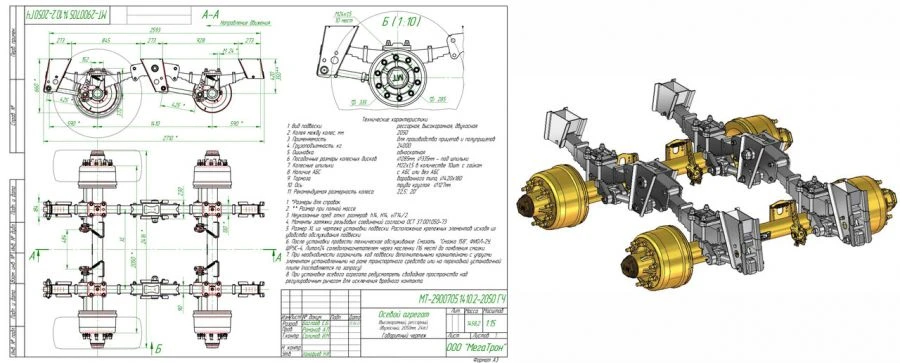 Axle unit MT-2900705.1410.2-2050 (high-frame, spring-loaded, double-axle, g/load 24,0t)