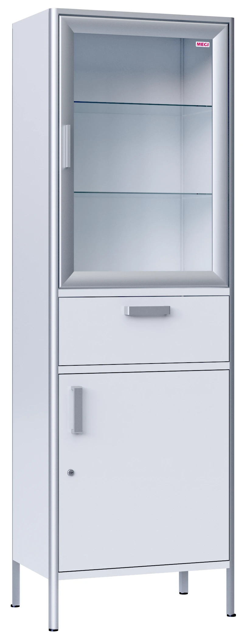 Medical cabinet, two-sectional, single-leaf, made of aluminium profile and laminated plastic board, with glass shelves