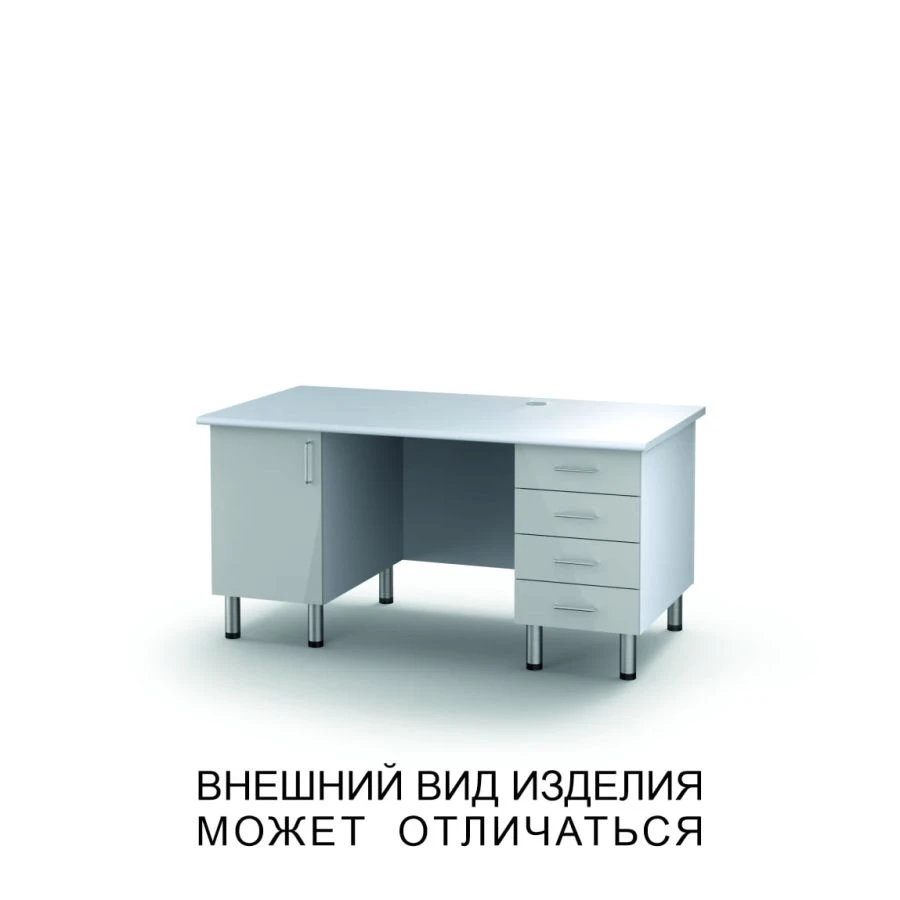 Two-desk unit with swinging door, four drawers and screen