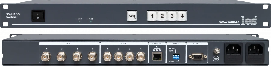 SW-414HDAE - 4 in 1 switcher for HD/SD-SDI and DVB-ASI signals. 4 master outputs, relay bypass, remote control via Etherne