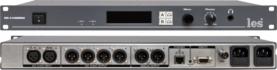 SW-214ADMAS - 2-in-1 redundant switchboard for AES/EBU audio signals. 4 AES/EBU outputs, 2 analogue outputs, OLED display, remot