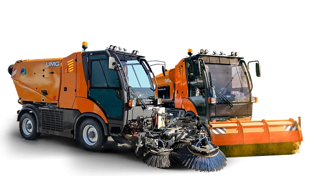 Communal machine KM-2000 with hopper and attachments manufactured by "TC PM" Ltd. and hydrostatic transmission manufactured by "