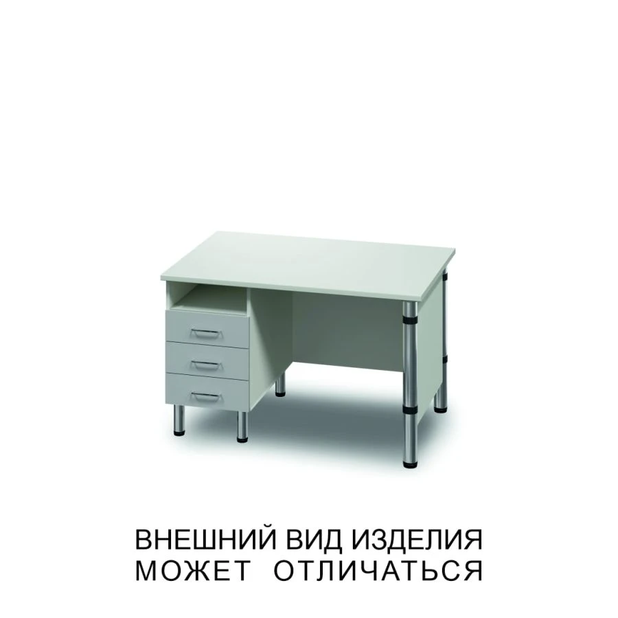 Single desk with three drawers, open shelf and screen
