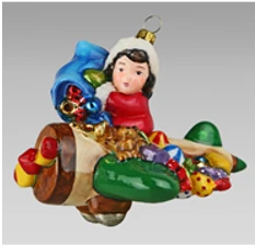 Handmade glass Christmas tree toy "Boy in aeroplane with presents"