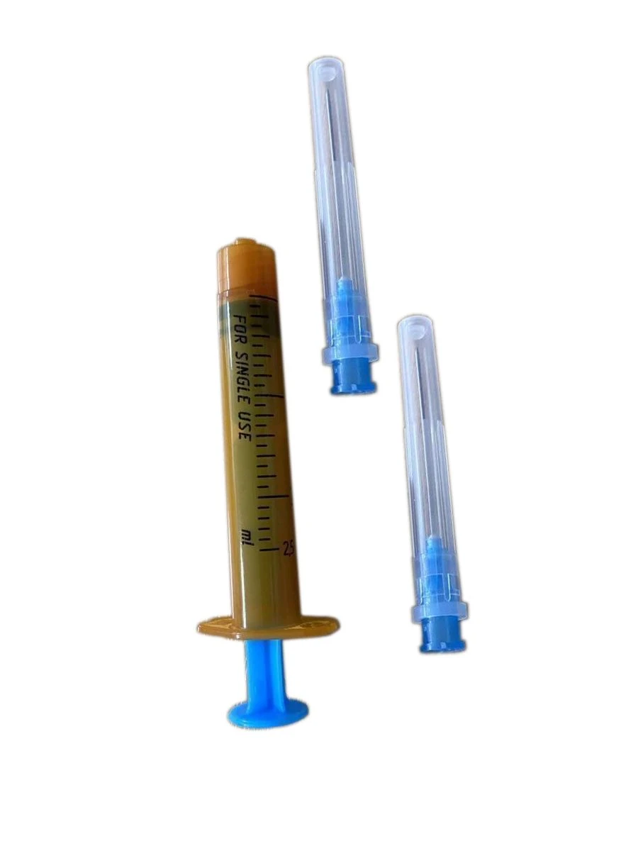 Single-use, three-detail, sterile, sterile Luer Lok syringe, UV-protected version.
