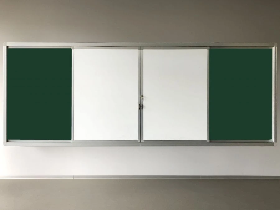 Universal rail system of sliding classroom magnetic marker-chalk boards "Aksioma"