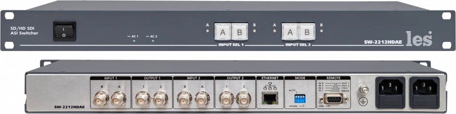 SW-2212HDAE - 2 channel 2 in 1 redundant switch for 3G/HD/SD-SDI and DVB-ASI signals