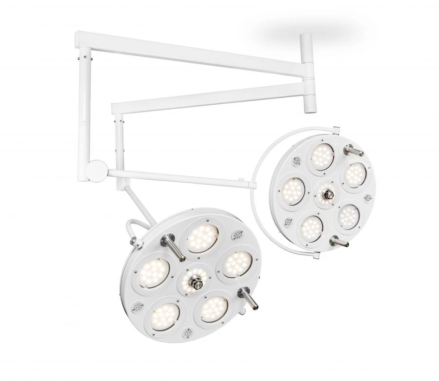 Medical LED surgical luminaire with ceiling mount (ceiling mounted double-dome, two 6-module luminaires, two 6-module luminaires