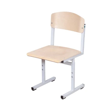 Height-adjustable student chair with a seat and backrest made of wood materials on a metal frame (square tube).