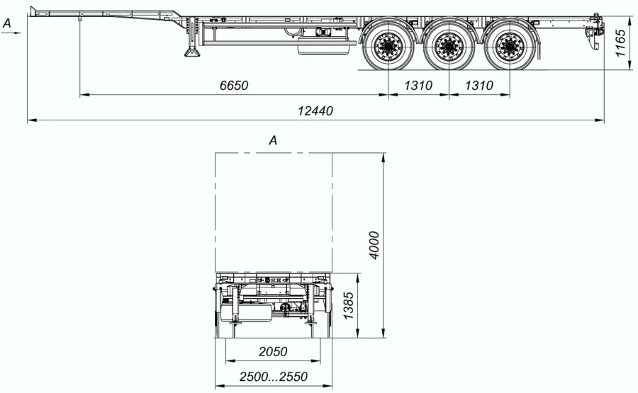Three-axle container semitrailer 9408-30 with CEYLAN AS-1210-225-ST-OV axles with carrying capacity of 12 tonnes.