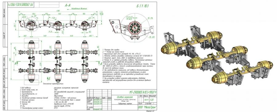 Axle unit MT-2900805.1410.3-1950 (low-frame, spring-loaded, three-axle, load capacity 33,0 tonnes)