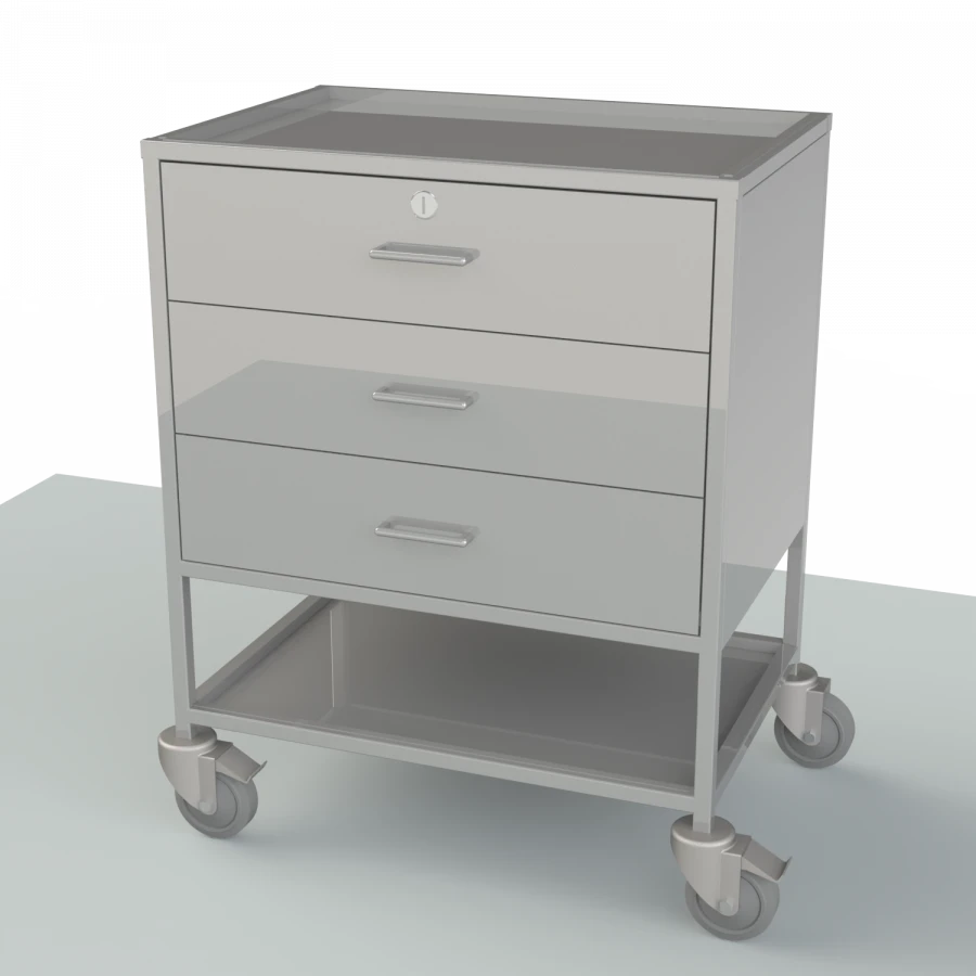 Tables with a table top and drawers from stainless steel and with a handle for movement on a sidewall, for transportation of dre