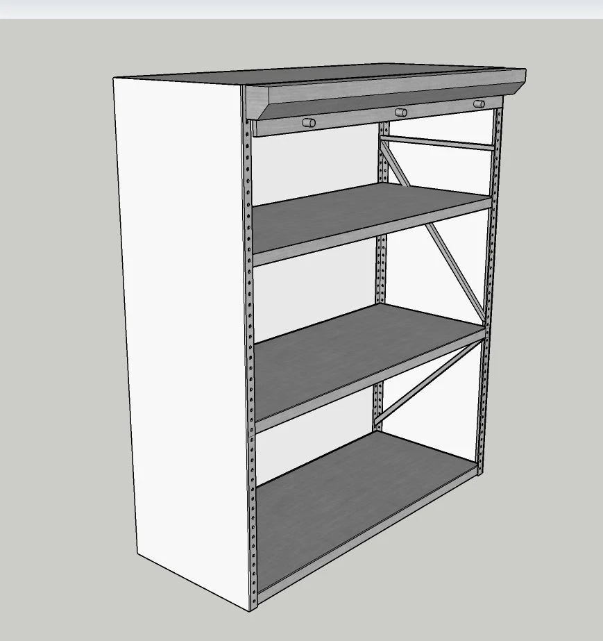 Stationary medium-load metal structure with reinforced shelves closed on metal roller shutters. Dimensions - W