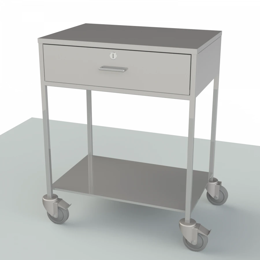 Tables with a table top and drawers from stainless steel and with a handle for movement on a sidewall, for transportation of dre