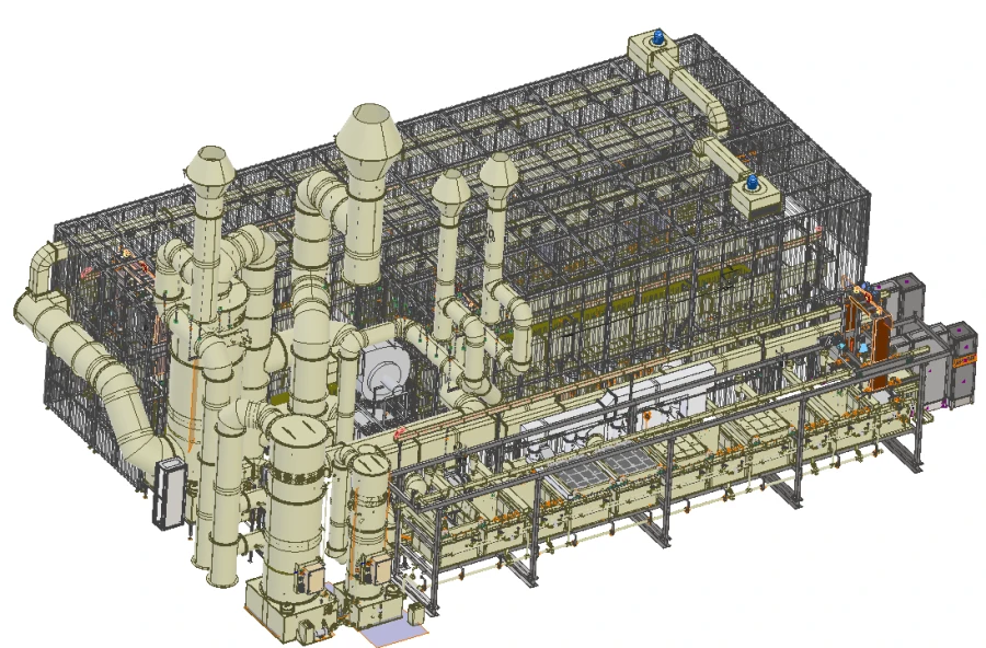 Mechanised auto-operator three-row line for chemical passivation of corrosion-resistant steels, flaw-etching line
