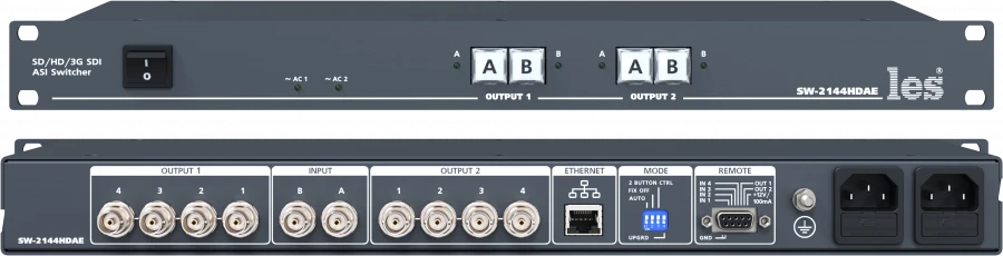 SW-2144HDAE - 2 in 1 standby switcher for 3G/HD/SD-SDI and DVB-ASI signals. 4 master outputs, 4 previews. Control from the face