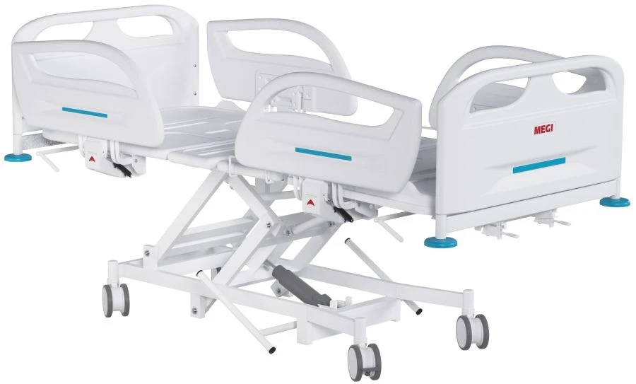 MEGI Strong 3 Medical functional bed with hydraulically adjustable height, plastic backrests, plastic sides.