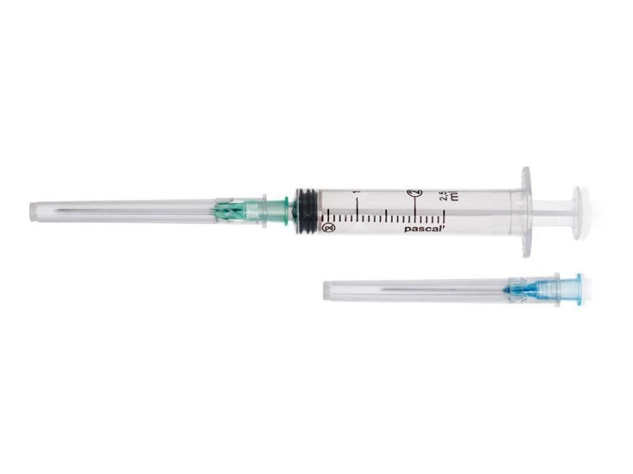 Luer type sterile single-use three-component injection syringe with nominal capacity of 2 ml with two needles