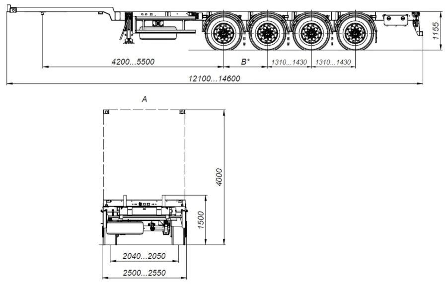 Four-axle container semitrailer AM9460-33S with axles PLANT 1201-2410002T with payload capacity 12 tonnes