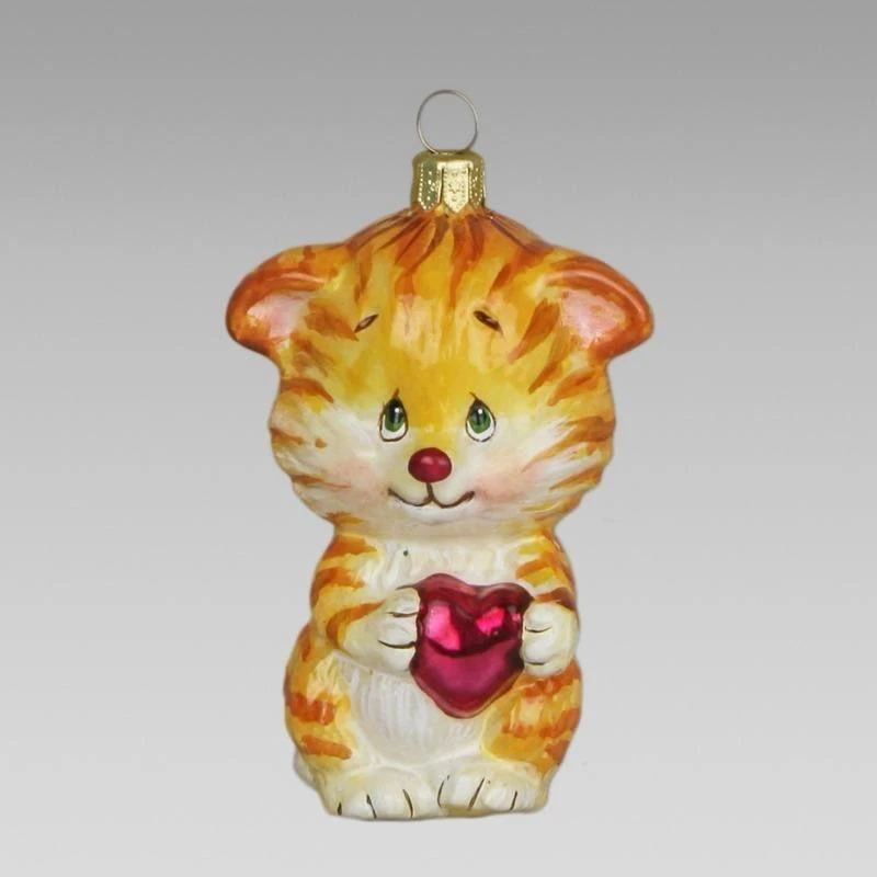 Handmade glass Christmas tree toy "Red Kitten with a Heart"