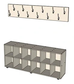 Cloakroom system wall-mounted with shoe drawers.