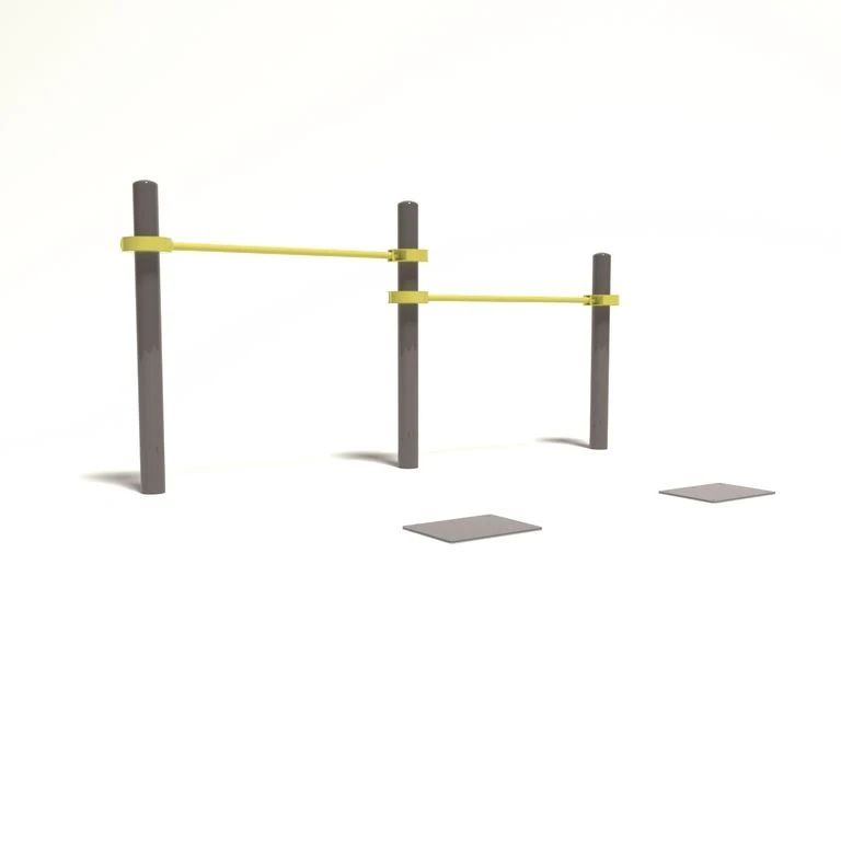 Multilevel stationary crossbars with foot rest for performing the test "Pull-up from a low bar hanging position