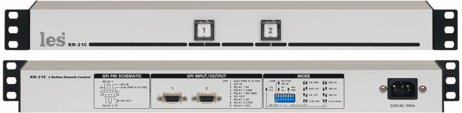 KR-21C - Active GPI signal control panel with 2 buttons. Selectable output signal type, GPI inputs for button illumination.
