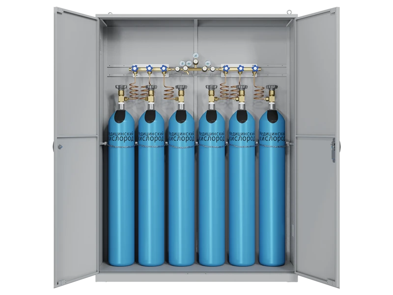 Nitrous oxide bypass double-arm gas ramp CADUCEUS with mechanical arm changeover (2 arms of 6 cylinders)