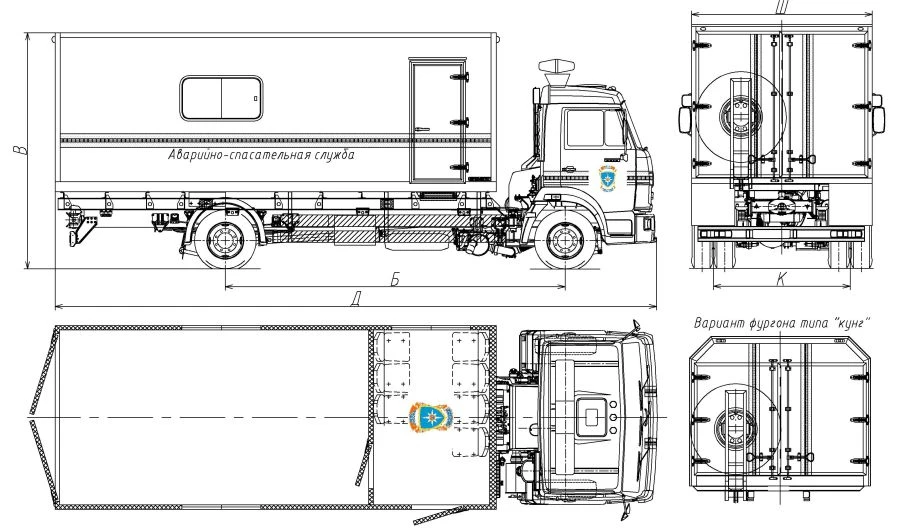 Emergency rescue trucks mod. 5777BK without CMU on the basis of KAMAZ chassis mod. 43253-G5, 43255-G5, 53605-A5, 53605-37
