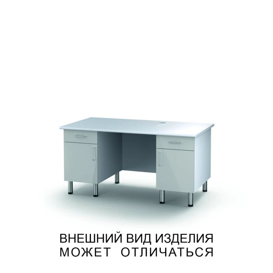 Two-desk unit with swinging doors, two drawers and screen