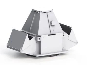 Radial roof smoke exhaust fans with upward flow outlet